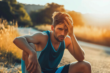Tired sport fitness man exhausted breathing after difficult workout outdoors. Heat exhaustion athlete dehydrated or runner with knee injury pain resting in disappointment