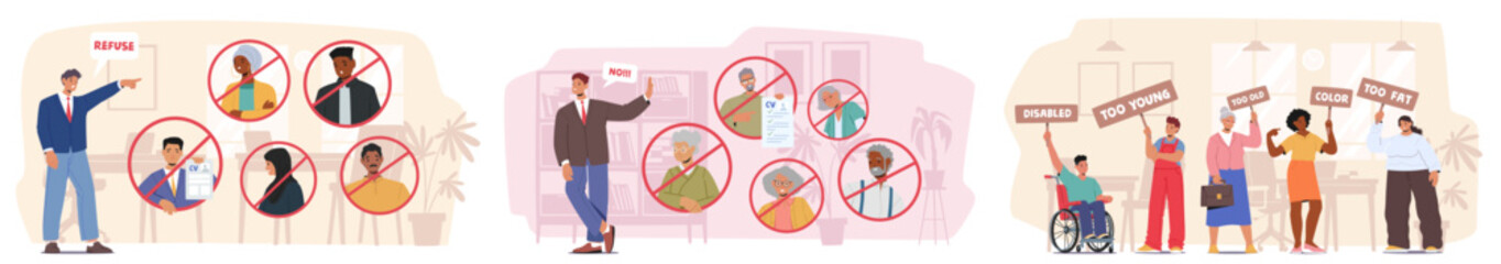 Set Of Various Forms Of Workplace Discrimination And Racism As Refusal Of Candidates Based On Race, Age, Gender