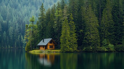 Fototapeta premium A serene wooden cabin surrounded by lush trees and a reflective lake in a tranquil landscape.