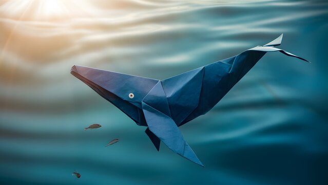 Origami whale over a wavy background