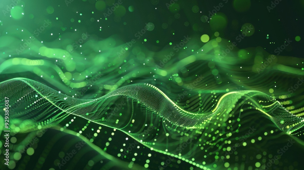 Poster abstract green digital data stream with flowing lines and shapes, ideal for tech and data themes.
