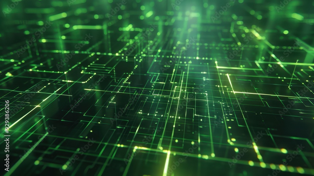 Poster abstract green digital grid with glowing lines and patterns, perfect for tech-themed backgrounds