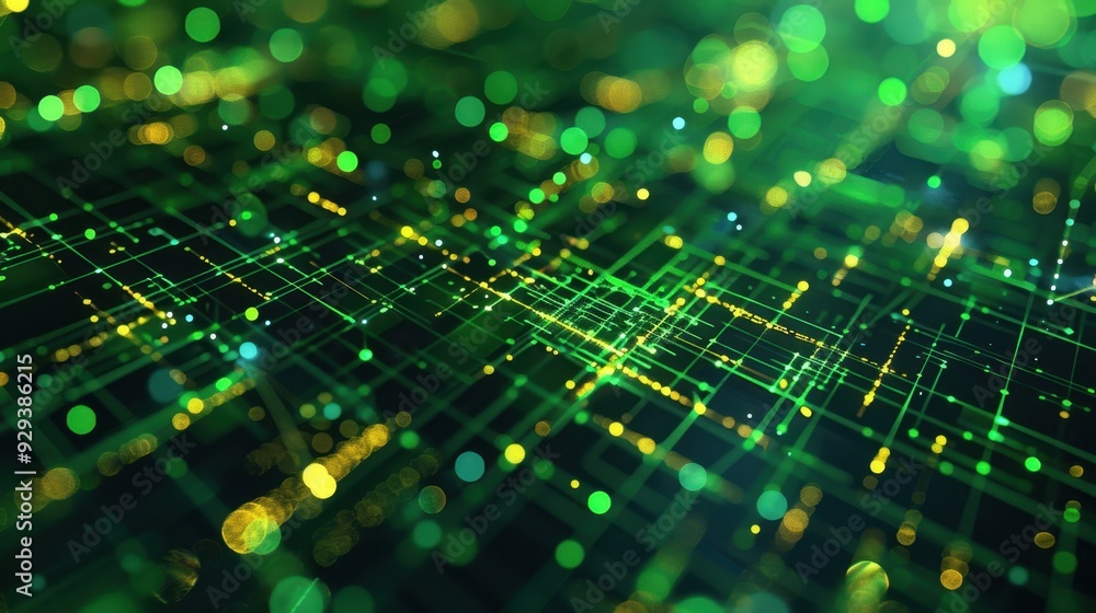 Poster abstract green digital grid with glowing lines and patterns, perfect for tech-themed backgrounds