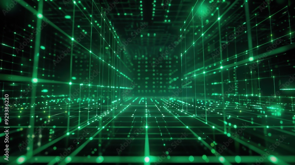 Poster abstract green digital grid with glowing lines and patterns, perfect for tech-themed backgrounds