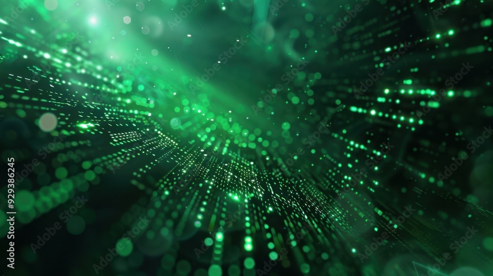 Poster abstract green digital interface with data streams and glowing patterns, perfect for tech background