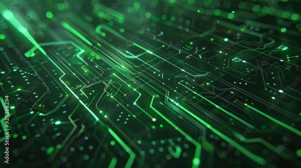 Poster abstract green digital patterns with glowing lines and geometric shapes, perfect for tech-themed des