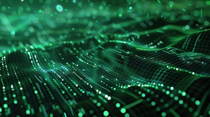 Obraz premium Abstract green digital interface with data streams and glowing patterns, perfect for tech backgrounds.