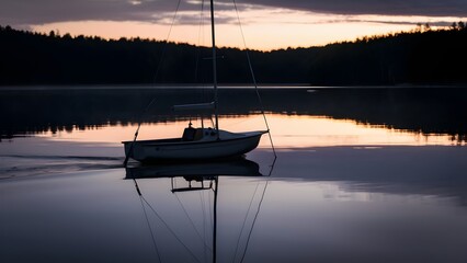 Sailboat anchored in lake 