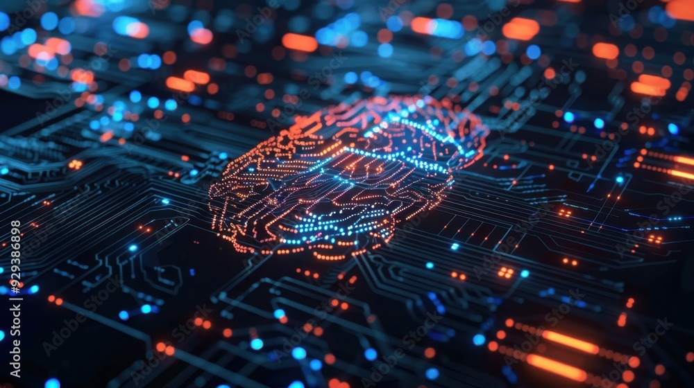 Poster abstract representation of ai with a glowing brain circuit pattern on a dark background.