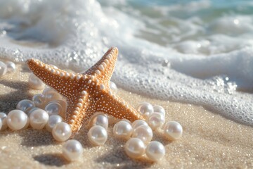 Tropical beach scene  starfish and pearls on sandy shore, exotic shell on paradise island seashore