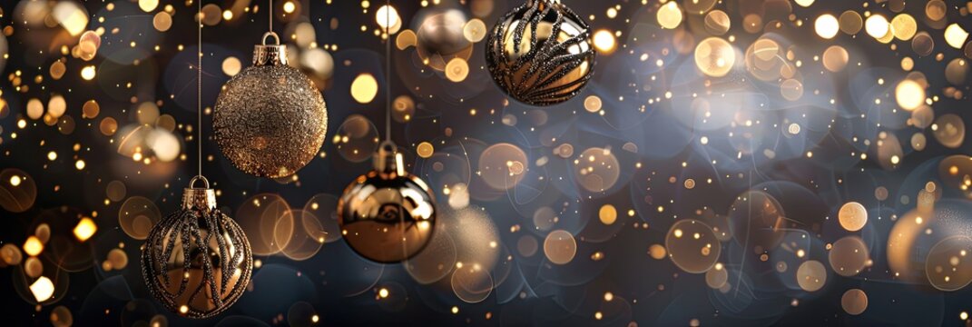 A luxurious design with hanging golden ornaments and twinkling lights along the top edge, providing a sophisticated backdrop for a Christmas sale announcement