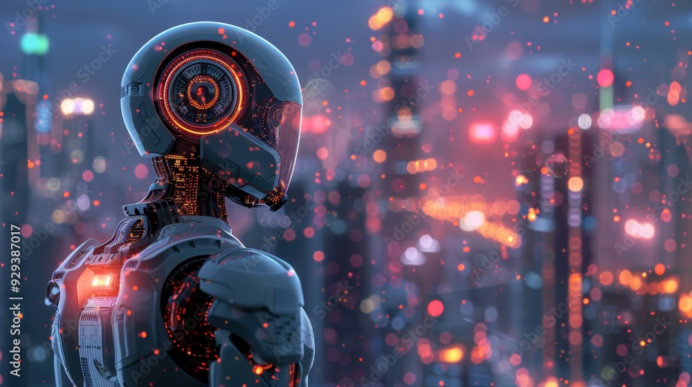 Poster advanced ai robot with illuminated circuitry, set against a high-tech urban environment.
