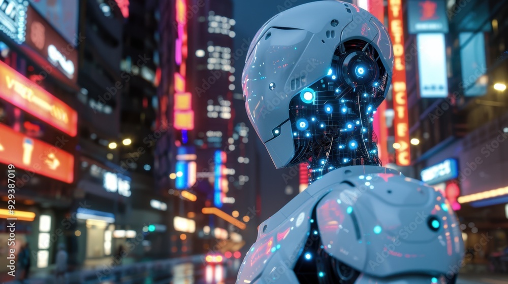 Poster advanced ai robot with illuminated circuitry, set against a high-tech urban environment.