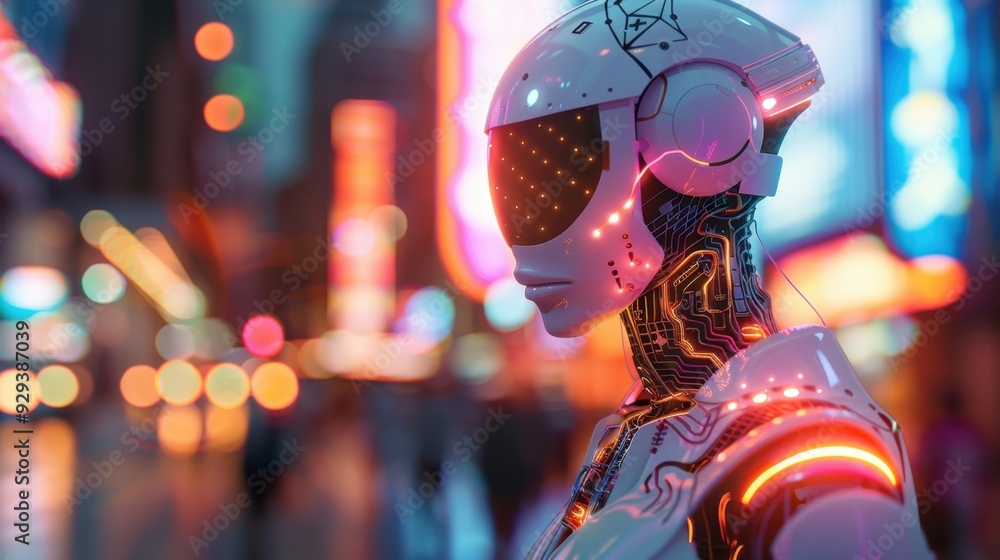 Poster advanced ai robot with illuminated circuitry, set against a high-tech urban environment.