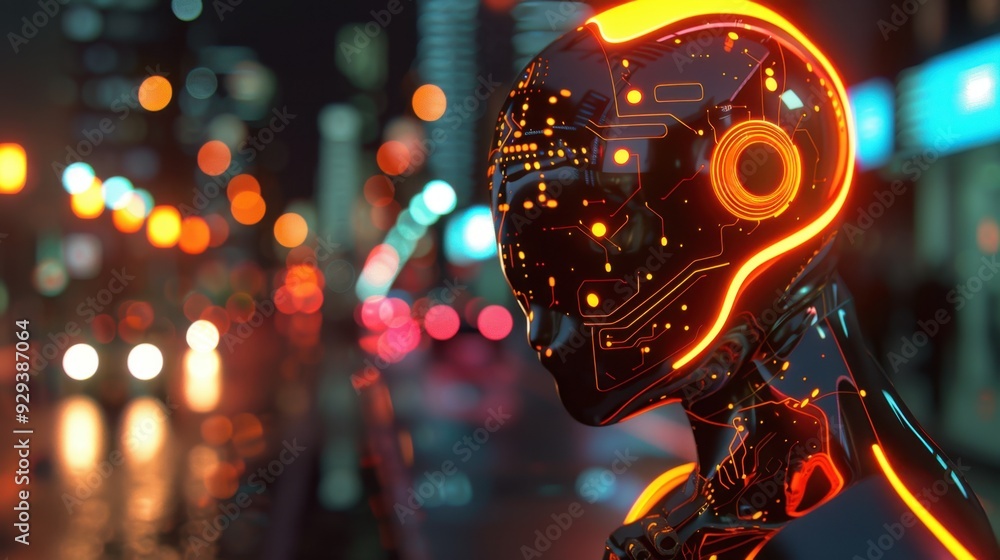Poster advanced ai robot with illuminated circuitry, set against a high-tech urban environment.