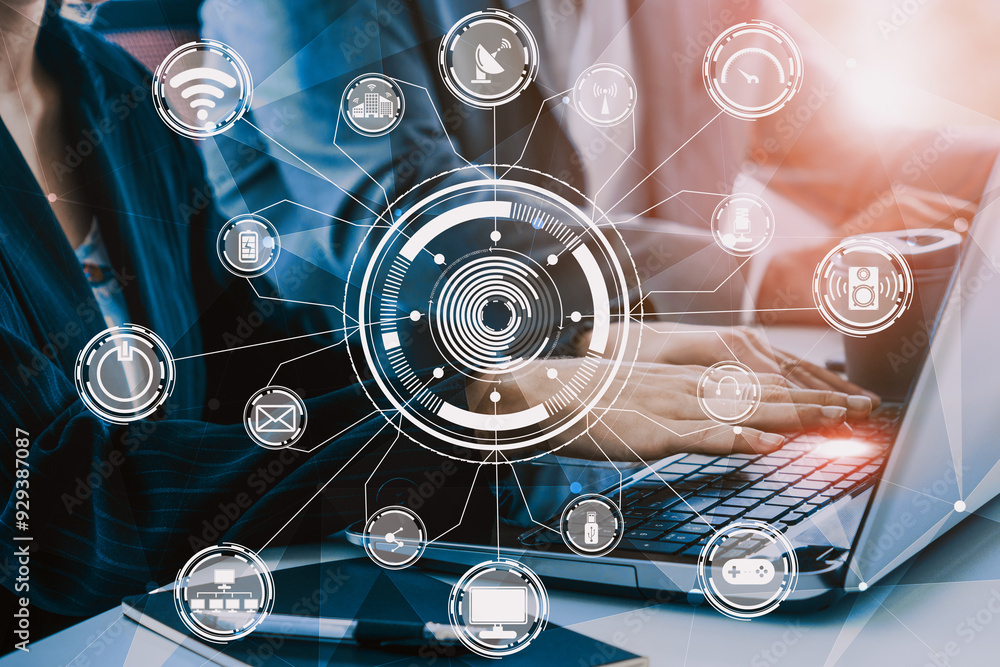 Poster multimedia and computer applications concept. business people using technology of digital gadget wit
