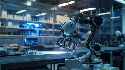 Advanced AI robotics performing complex operations with precision in a high-tech lab.