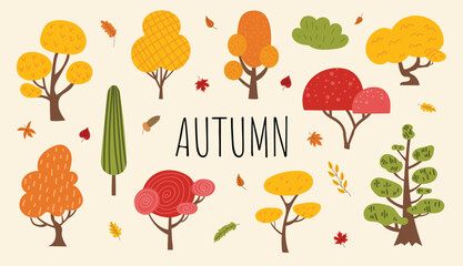 Cute fall collection of trees and leaves. Set of different trees in autumn colors. Autumn vector illustration on isolated background.  Hand-drawn style.