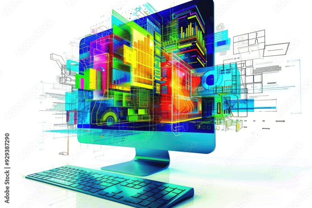 Poster A desktop setup featuring a computer monitor and keyboard, ideal for office or home use