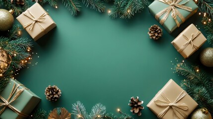 Top View of a Decorated Christmas Banner with Blank Space for Text. Gift Boxes, Ornaments, and Branches on a Green Background