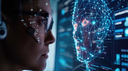 AI-driven facial recognition system scanning and analyzing features on a computer screen.