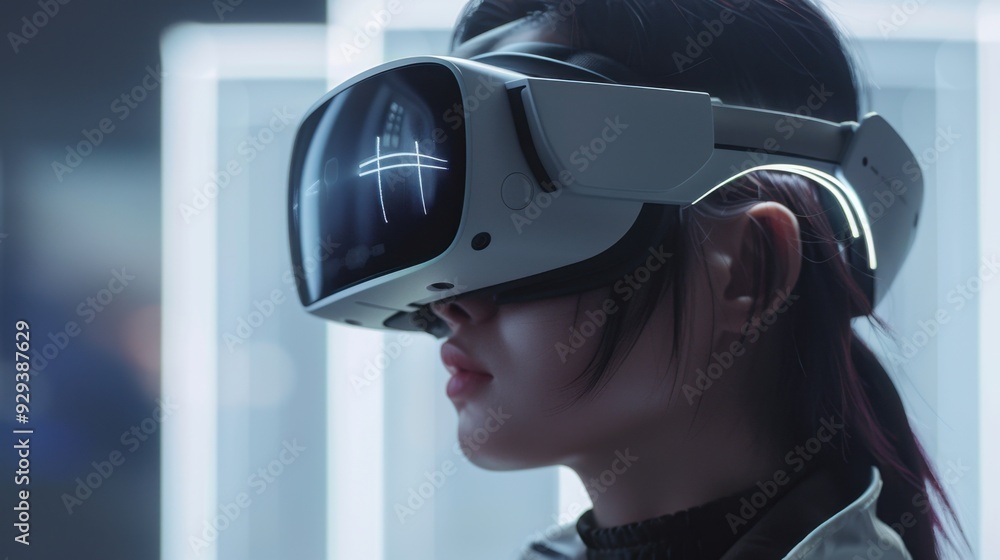Poster ai-driven virtual reality headset with a focus on immersive and interactive experiences.
