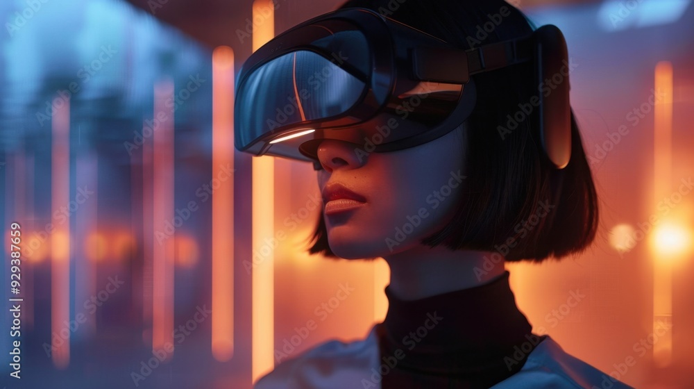 Poster ai-driven virtual reality headset with a focus on immersive and interactive experiences.