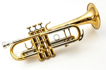 Obraz premium A golden trumpet sits on a plain white surface