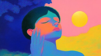 A person relaxes and embraces the vibrant colors of the evening sky