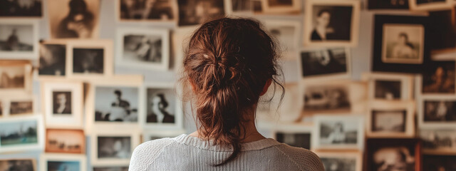 Young woman with brown hair, viewed from behind, looking at a wall filled with black-and-white photographs, evoking a nostalgic and reflective mood.