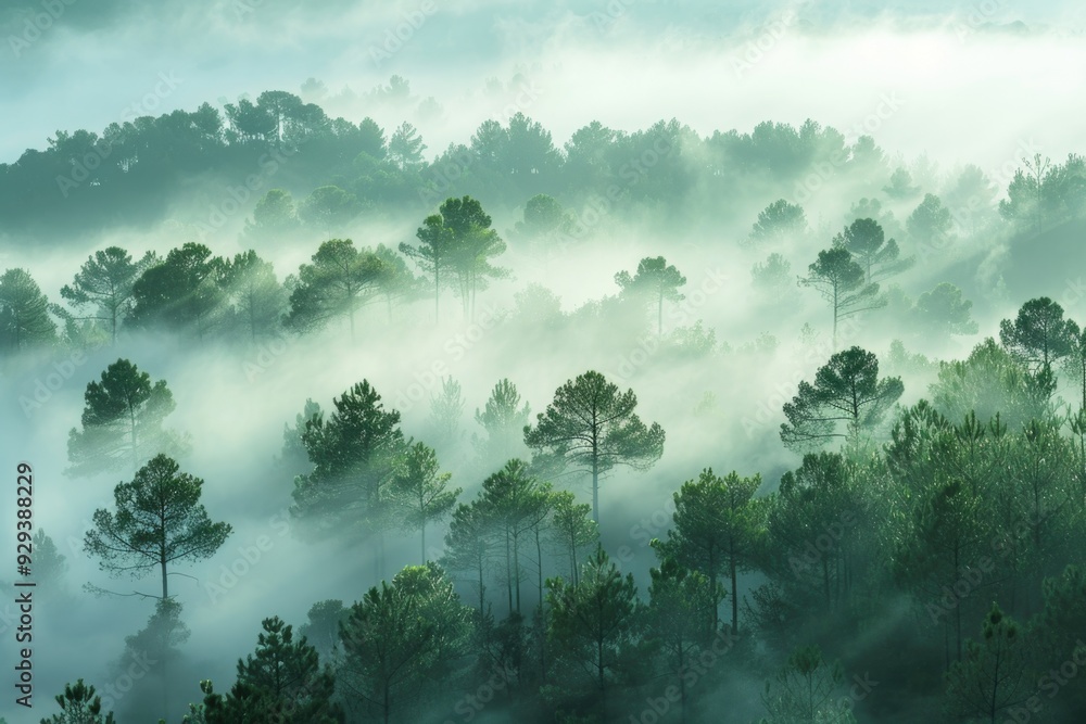 Poster Misty forest landscape with trees and underbrush shrouded in fog