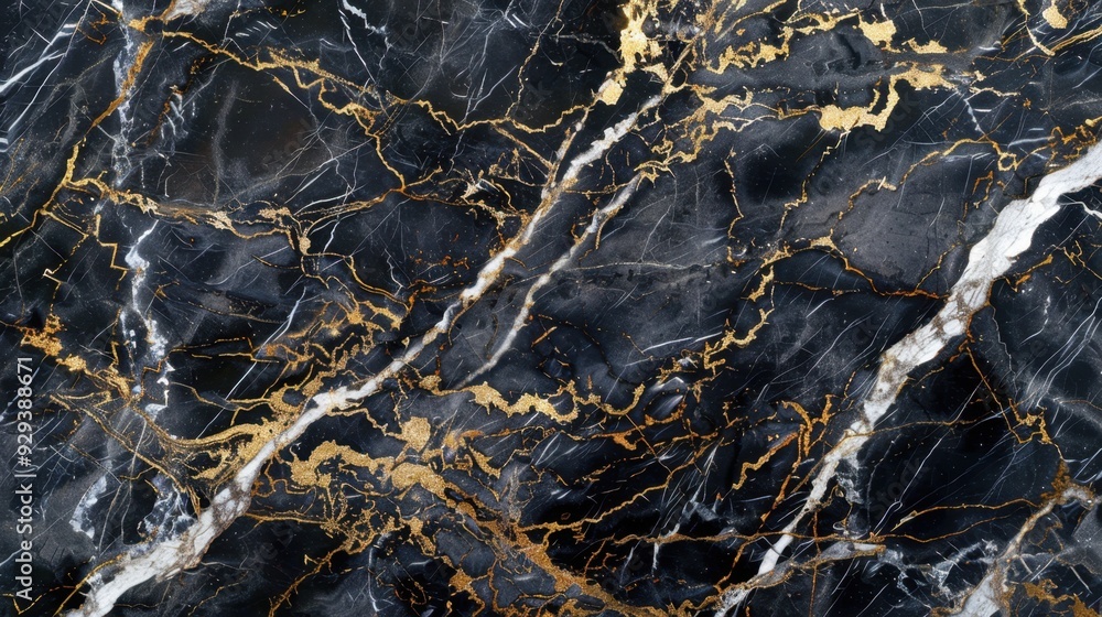 Poster black marble with a high-contrast pattern of gold and white veins, creating a luxurious and dynamic 
