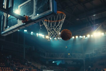 A basketball going through the net of a basketball court