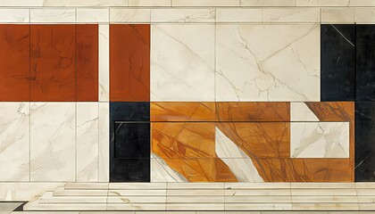 A modern abstract mural featuring geometric shapes and earthy colors on a marble backdrop.