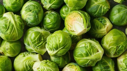Fototapeta premium Close-up of green Brussels sprouts arranged on a cutting board, emphasizing healthy and fresh produce.