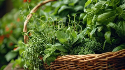 Naklejka premium Close-up of green herbs and vegetables in a basket, showcasing fresh and natural produce.