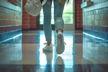 High school scene, girl in white sneakers and jeans, walks down hall with backpack, outdoor view through door