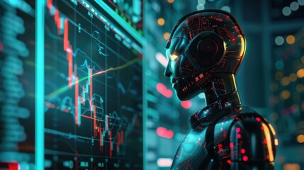 Conceptual image of AI in financial trading with real-time data analysis and stock charts.