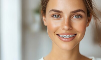 Naklejka premium Youthful Woman with Braces: Close-Up of Attractive Smile