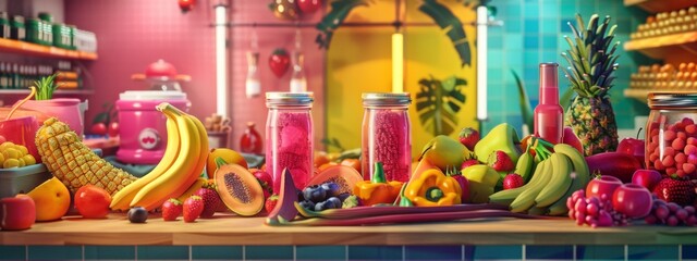 Naklejka premium Vibrant assortment of fruits and snacks in a colorful kitchen setting