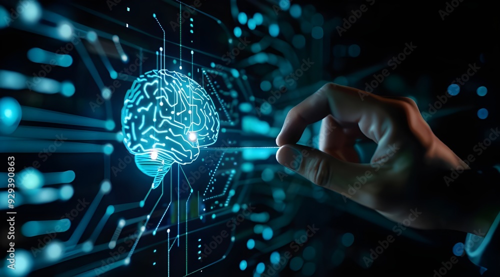 Aufkleber businessman touching a digital brain with a circuit board and an ai icon on a virtual screen over a 