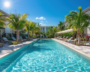 Fototapeta premium A sparkling swimming pool with lounge chairs and palm trees. AI.
