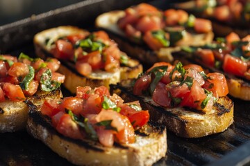 Bruschetta, Grilled bread rubbed with garlic and topped with olive oil, tomatoes, basil, and sometimes mozzarella cheese.