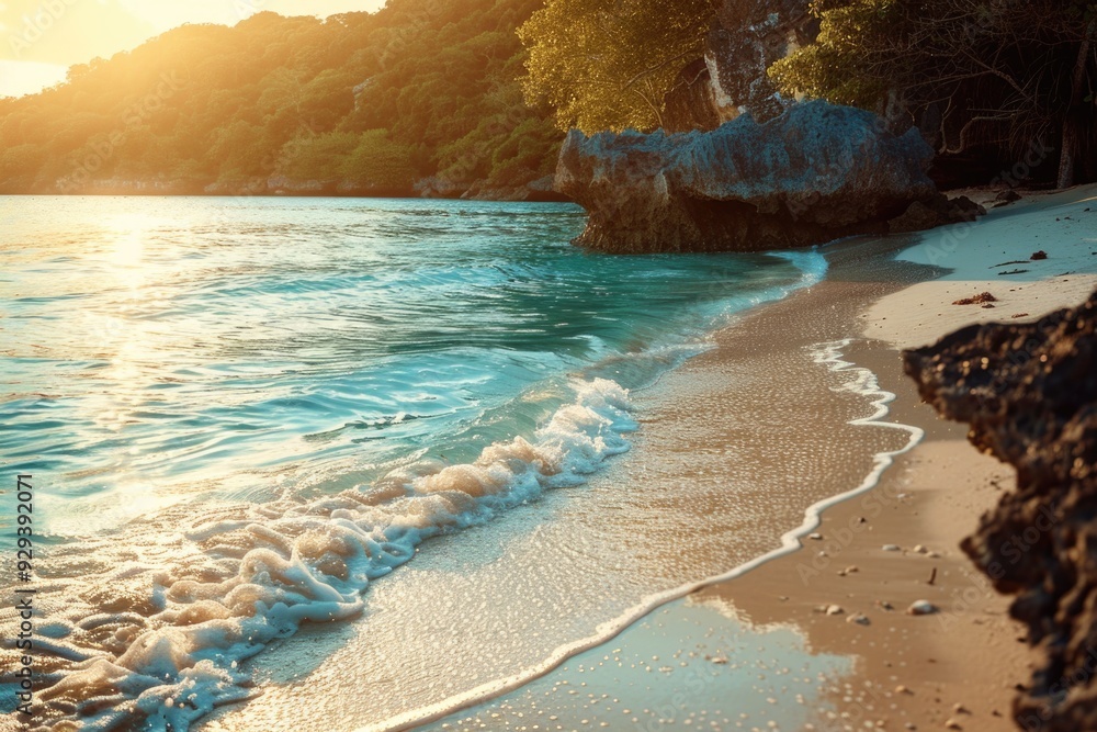 Poster a picture of a sandy beach with waves rolling in to the shore