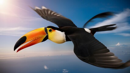 Naklejka premium Toucan Flying Under a Blue Sky, Wallpaper, Cover and Screen for Smartphone, Cell Phone, Computer, Laptop