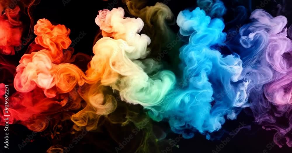 Poster multicolored smoke swirling in the dark, creating a vibrant and dynamic display of color and movemen