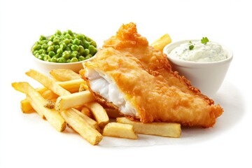 Fish and Chips, Deep-fried battered fish served with thick-cut fries, often accompanied by tartar sauce and mushy peas. isolated on white background
