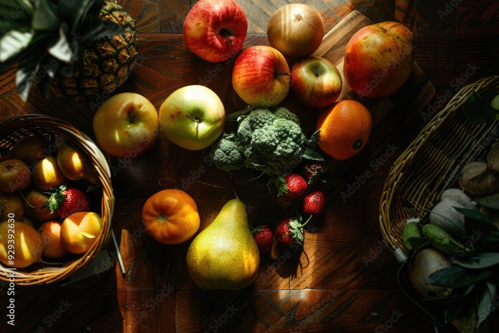 Poster fresh produce arranged on wooden table for display or use