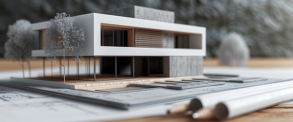 Modern house model on architectural blueprints with pencils.