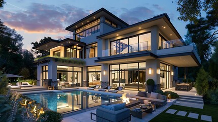 Fototapeta premium Modern house with a swimming pool and patio at dusk.